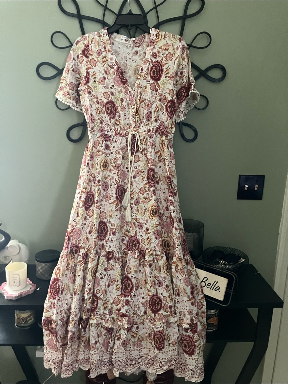 Floral V-Neck Tie-Waist Maxi Dress in Ivory and Burgundy
